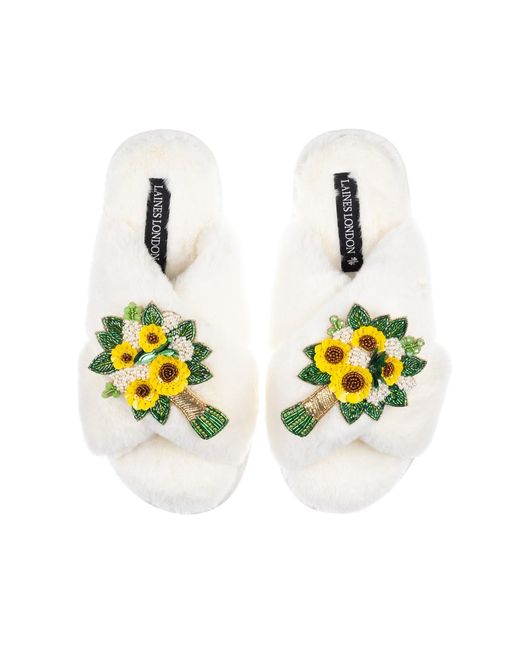 Laines London Metallic Neutrals Classic Laines Slippers With Bouquet Brooches