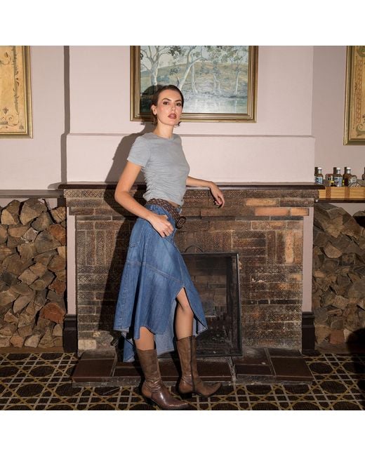 Love and Nostalgia Blue Little Wildflower Denim Midi Skirt