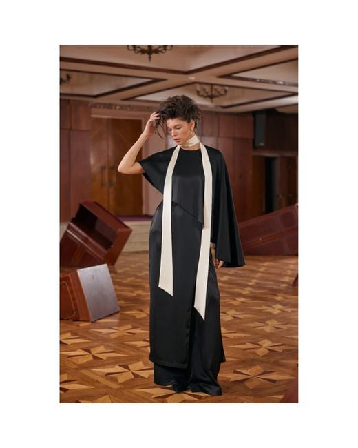 Julia Allert Black Structured Satin Cape Dress With Contrast Scarf