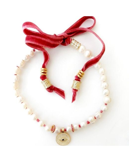 Persia Dona Jewelry Red Eye X Pearl Ribbon Choker Necklace