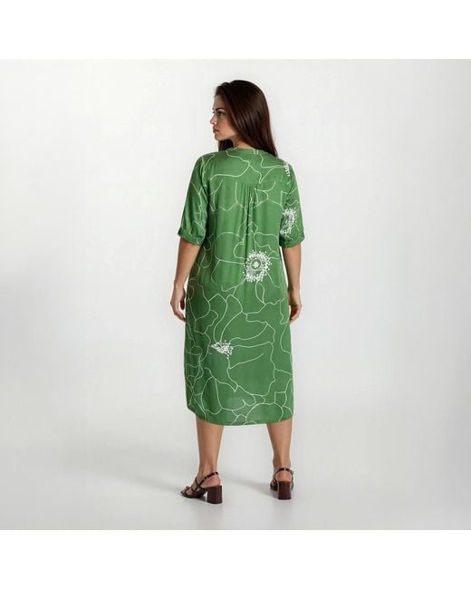 Haris Cotton Green Printed Satin Curve Dress With Mandarin Neck Peonies