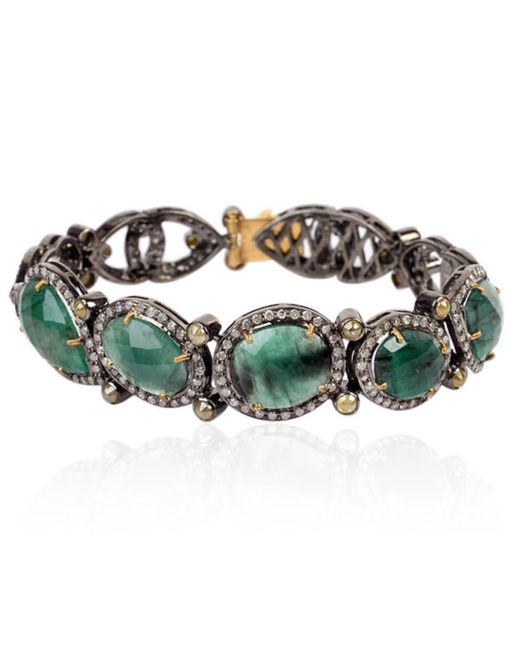 Artisan Green Natural Ice Diamond & Emerald Designer Bangle Bracelet In 18k Gold With Silver