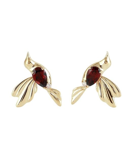 Artisan Metallic Garnet & Diamond Hammering Bird Stud Earrings