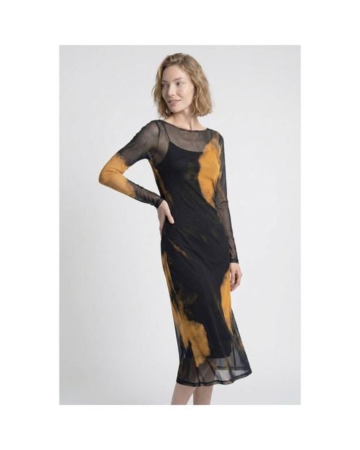 Modenaire Black Sheer Mesh Midi Dress With Abstract Print And Layered Slip