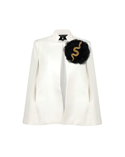 House of Laines London White Neutrals Laines Ivory Couture Tailored Cape With Embellished Snake Flower Brooch