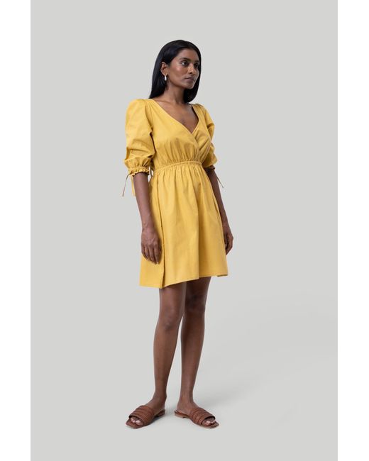 REISTOR Yellow Gathered Elbow Sleeve Short Cotton Dress