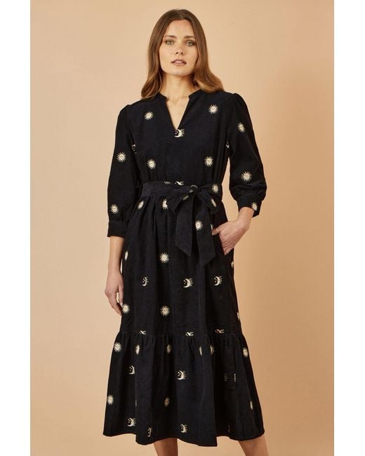 Yumi' Black Cosmic Embroidery Cord Midi Shirt Dress