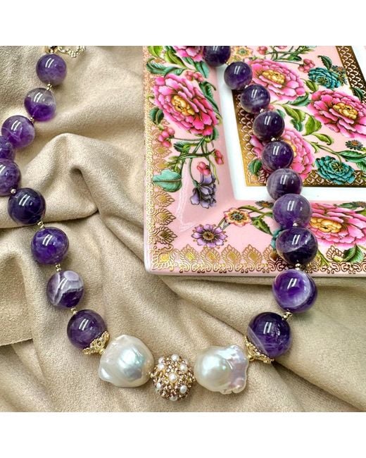 Farra Blue Amethyst With Baroque Pearls Statement Necklace
