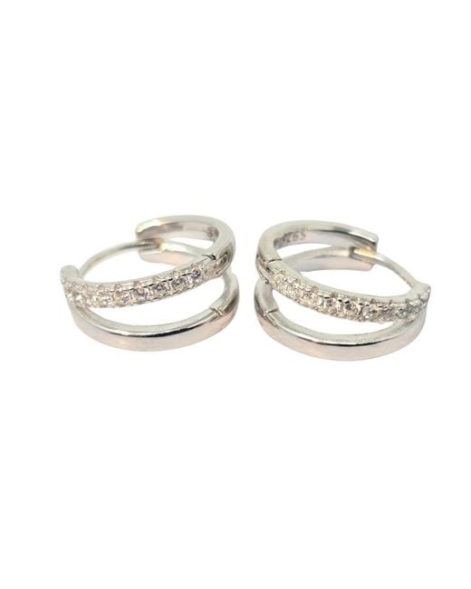 Harfi Metallic Diamond April Birthstone Double Hoop Small Huggie Sterling Earrings