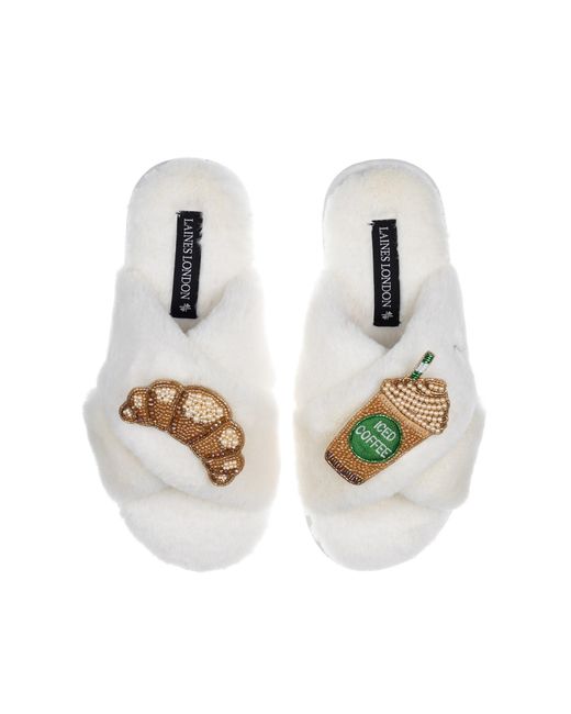 Laines London White Classic Laines Slippers With Iced Coffee & Croissant Brooches