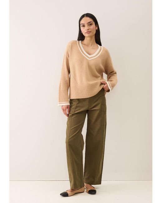 Loop Cashmere Natural Neutrals Striped Tipped V Neck Lofty Sweater