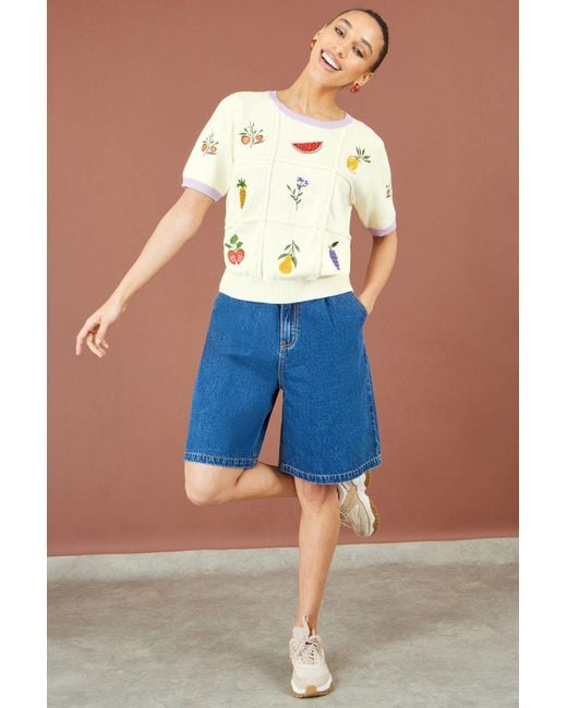 Yumi' Metallic Ivory Fruit Cotton Knitted Top