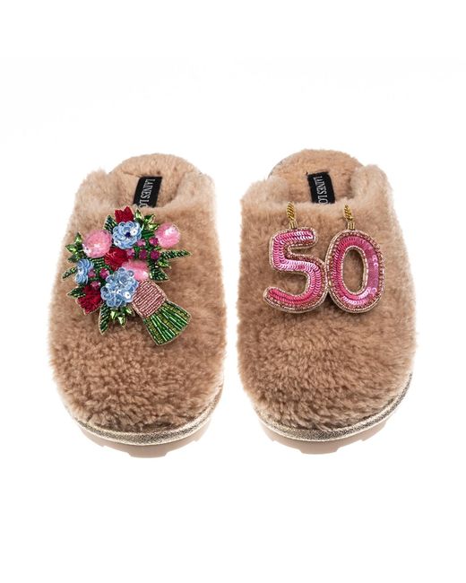 Laines London Brown Teddy Closed Toe Slippers With 50Th Birthday & Flowers Brooches