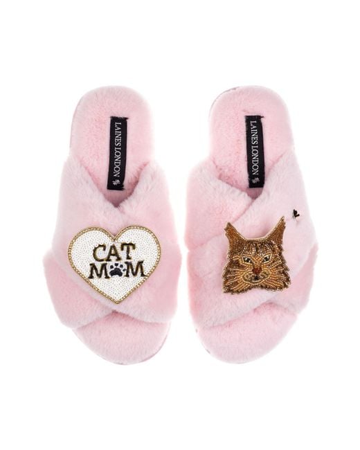 Laines London Pink Classic Laines Slippers With Cat Mum/Mom & Maine Coon Cat Brooches