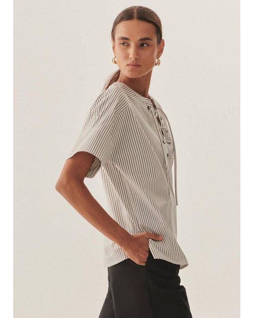 Exquise Gray Relaxed Striped Eyelet Lace-Up Blouse