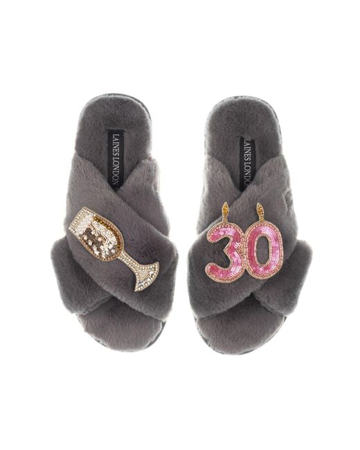 Laines London Brown Classic Laines Slippers With 30th Birthday & Champagne Glass Brooches