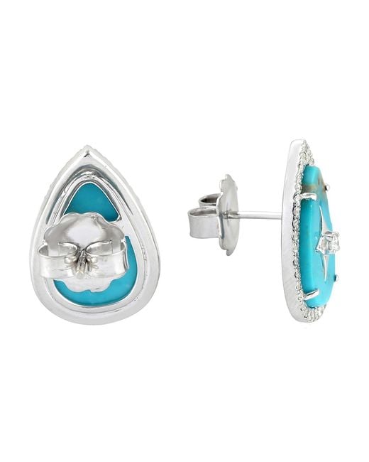 Artisan Blue Natural Turquoise Stud Earrings 18k White Gold Diamond Jewelry