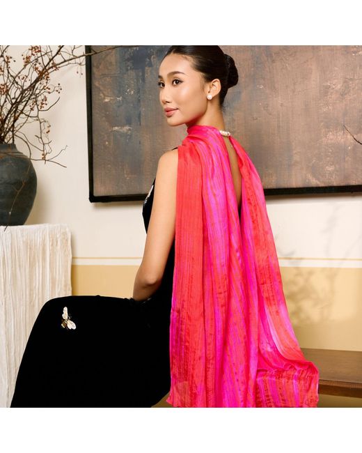 Silk and Bears Pink Hot Brushstroke Silk Scarf – Hand-Dyed Mulberry Silk Shawl, Beach & Pool Party Cover-Up