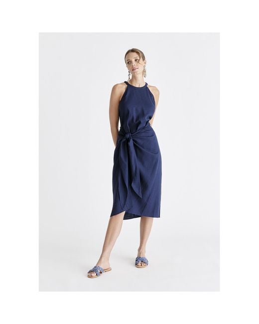 Paisie Blue Linen Blend Waist Tie Dress