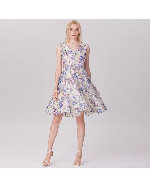 Smart and Joy Multicolor Neutrals / Flower Print Sleeveless Tea Organza Dress
