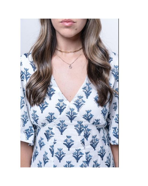 House of Gl Blue Soreia Hand-Block Printed Cotton Fit & Flare Dress With Open Back