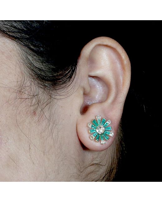 Artisan Green 18k Yellow Gold In Baguette Emerald & Diamond Stud Earrings Handmade Jewelry