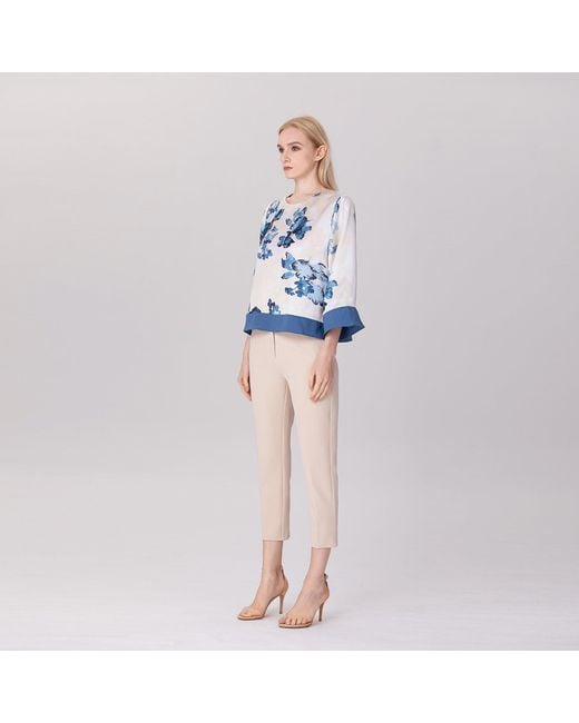Smart and Joy Blue Satin Blouse With Contrasting Floral Print