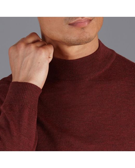 Paul James Knitwear Red Extra Fine Merino Wool Mock Turtleneck Shaw Jumper for men