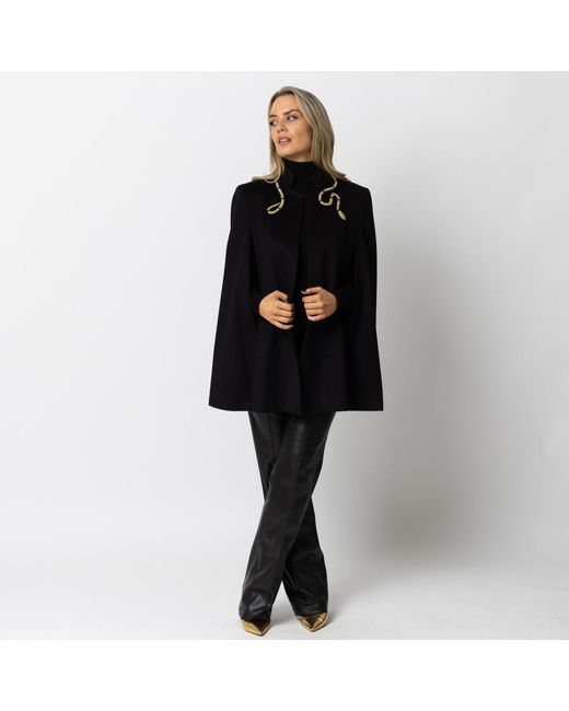 Laines London Black Laines Couture Wool Blend Cape With Embellished Wrap Around Snake