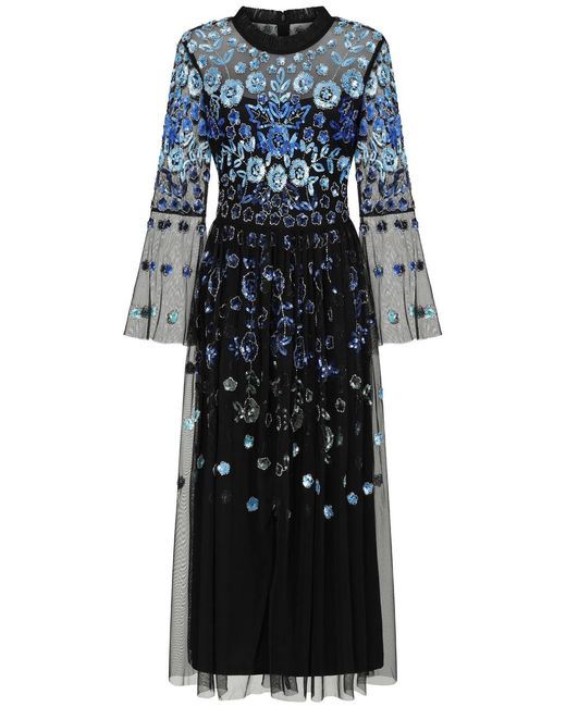 Frock and Frill Blue Dahlia Floral Embellished Midaxi Dress