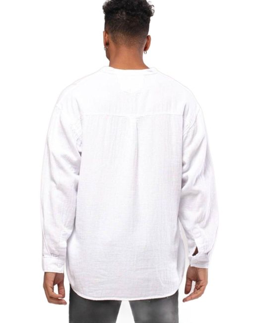 Monique Store Linen Mandarin Neck Half Button Long Sleeve Shirt White for men