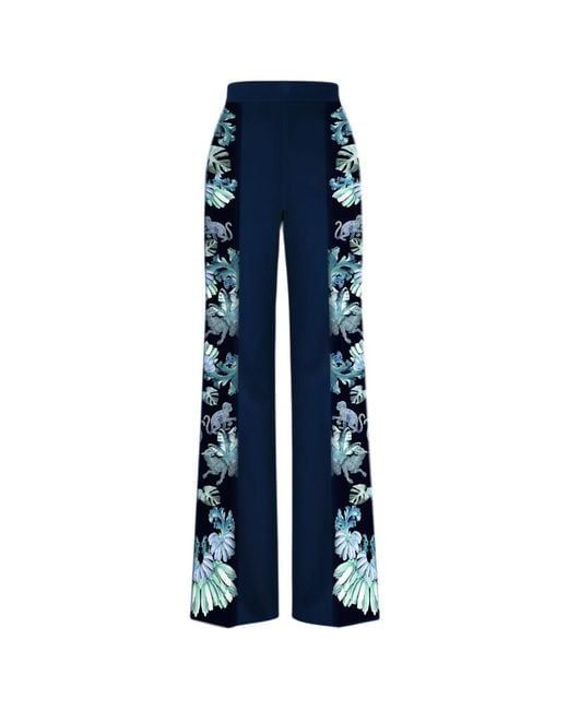 CASSANDRA HONE Blue Crepe Trouser With Silk Printed Sides