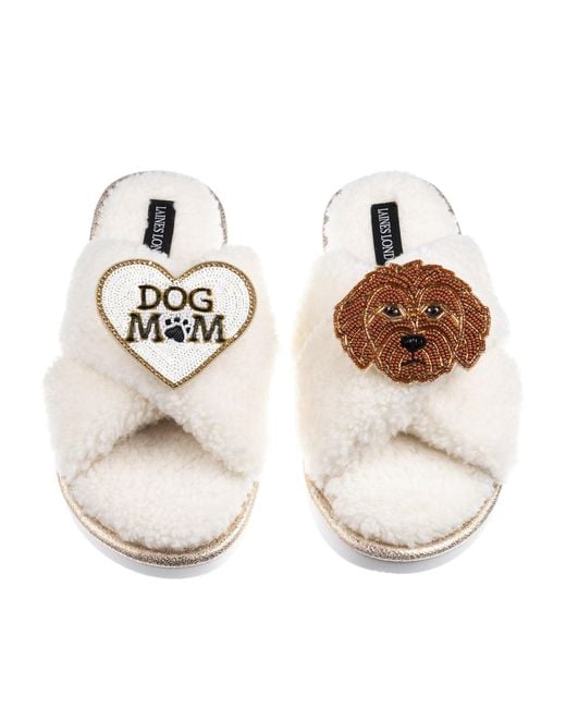 Laines London White Neutrals Boucle Slippers With Dog Mum/Mom & Apricot Cockapoo Brooches
