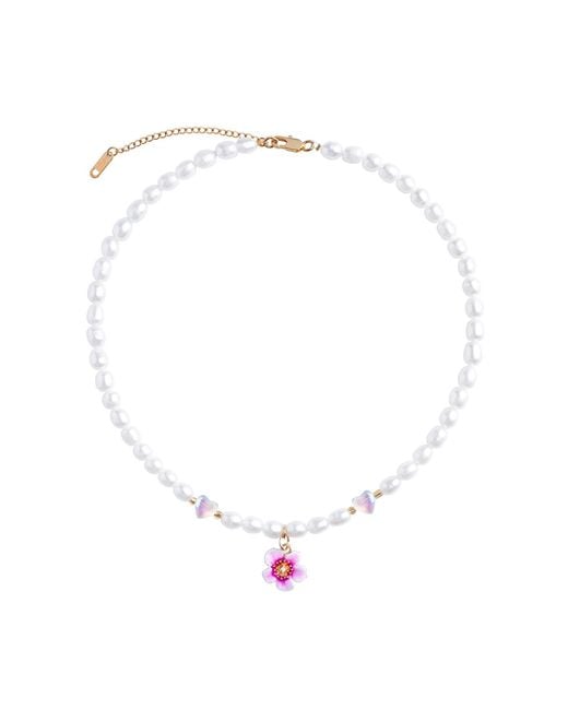 My Little Nature Metallic Plumeria Flower And Glass Hearts Handmade Freshwater Pearl Necklace -Designer Pearl Wedding Necklace