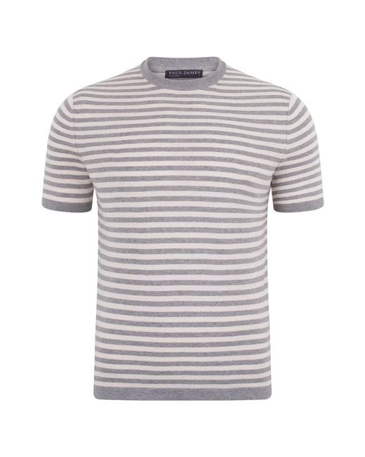 Paul James Knitwear Gray Ultra-Fine Cotton Miguel Knitted Breton T-Shirt for men