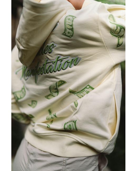 Miracles Manifester Gray Neutrals Manifestation Embroidered Hoodie With Rhinestone Design