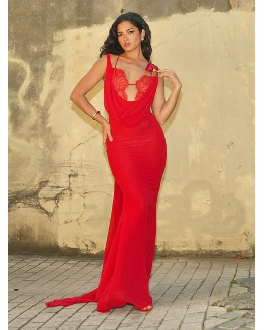 Miss Circle New York Red Ulanda Chiffon Lace Backless Maxi Train Dress