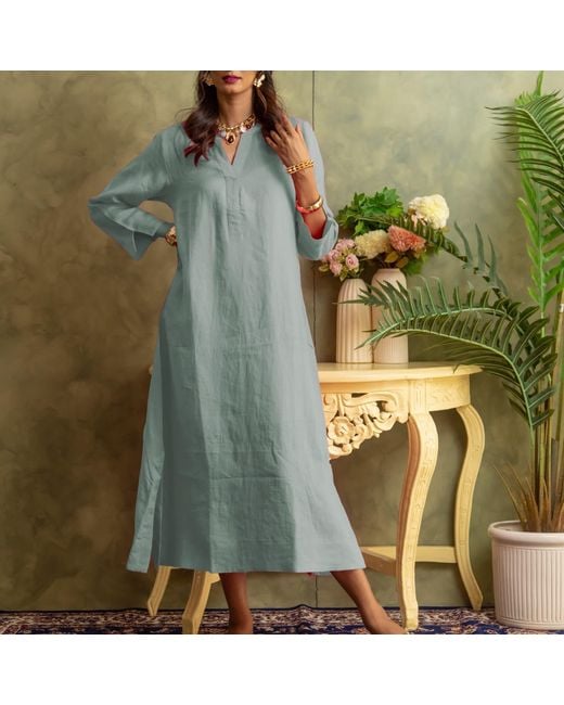 NoLoGo-chic Green Plain Dyed Kaftan Linen
