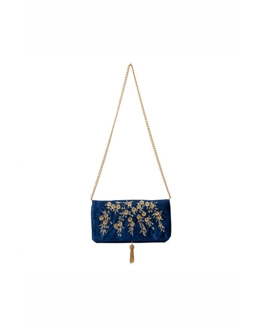 Artemis Muse Blue Japanese Blossoms Metallic Champagne & Embroidered Velvet Bag