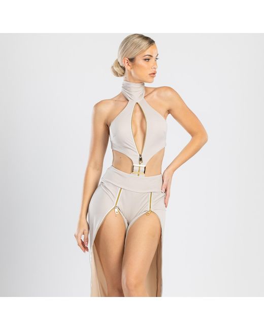 ANTONINIAS Multicolor Neutrals Cynosure Cut-out One-piece Swimwear With Golden Details And Zip In Beige