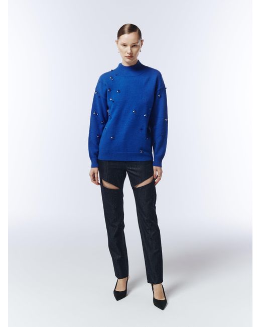 Sour Figs Blue Gemstone-Embellished High-Neck Jumper