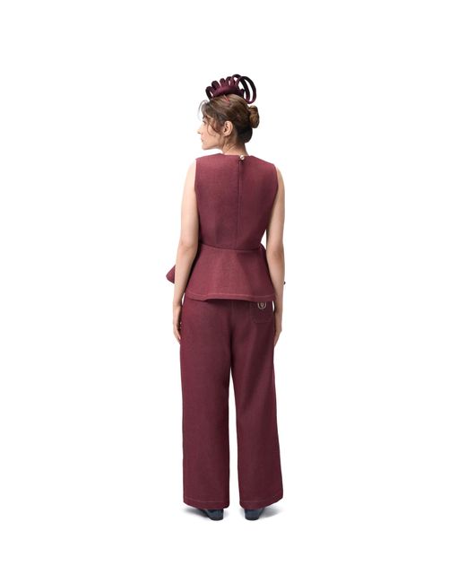 Rondooz Red Hand Painted Denim Peplum Top With Hand Applied Embellishment