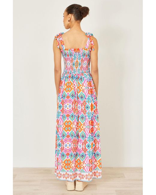 Yumi' Red Multicolour Ikat Print Maxi Viscose Sun Dress