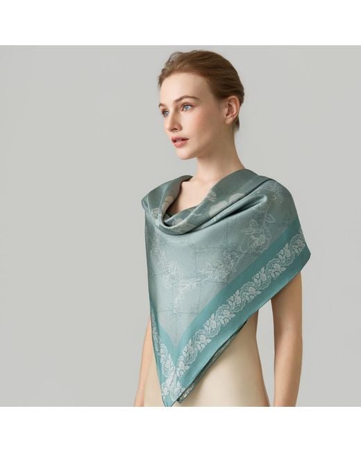 Asyii Blue Neutrals Garden Veil Hand-Rolled Silk Square With Double-Face Printed