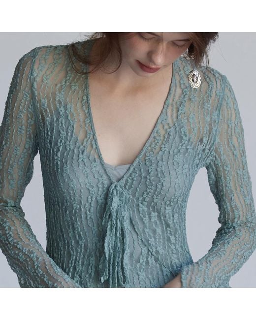 Belsize25 Blue Trumpet Dress Flared Sleeve Sheer Lace Knit Dress