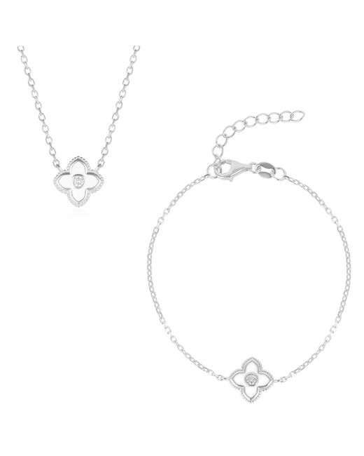 Spero London White Enamel Four Leaf Clover Necklace & Bracelet Set With Gemstone