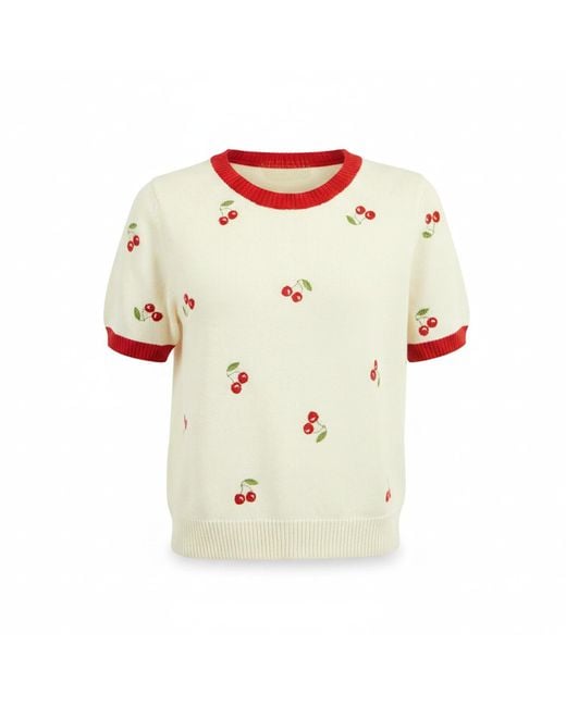Yumi' Natural Ivory Cherry Cotton Knitted Top