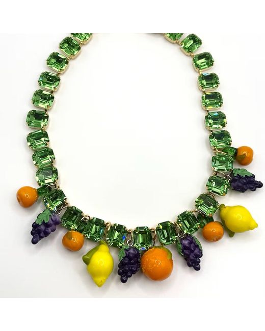 Achala Handcrafted Green Fruit Charm Statement Necklace – Crystal & Hand-Painted Fruit Motif for men