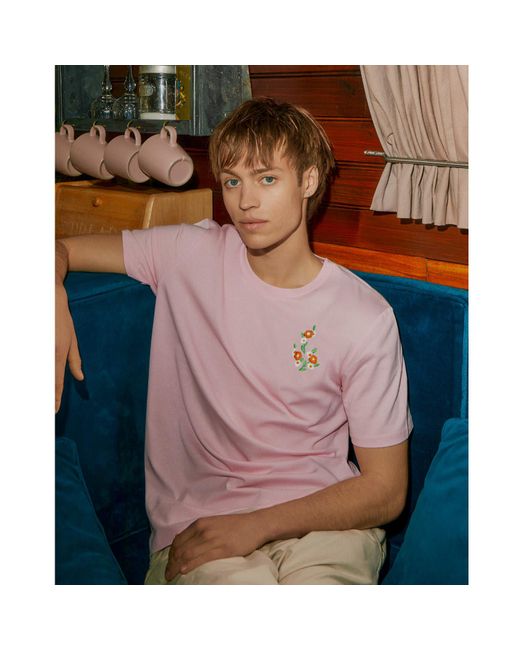 INGMARSON Pink Floral Embroidered Organic Cotton T-Shirt for men