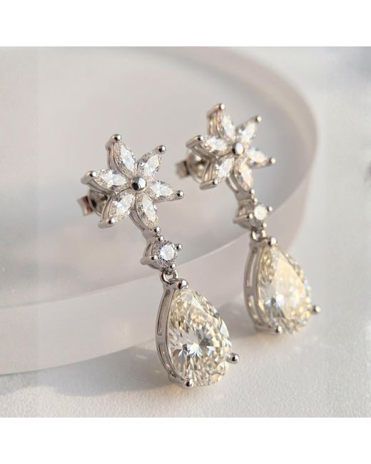 Latelita London White Sunflower Moissanite Drop Earrings